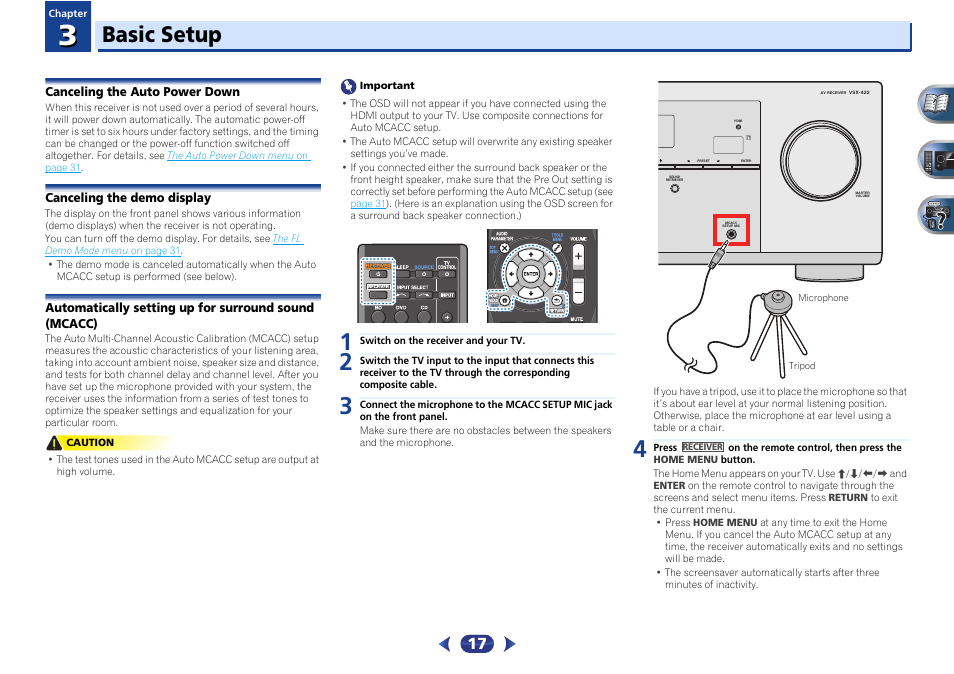 Canceling the auto power down, Canceling the demo display, Basic setup | Pioneer VSX-422-S User Manual | Page 17 / 36