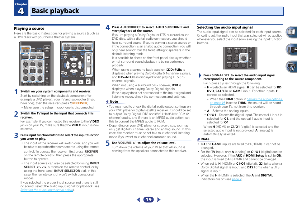 Playing a source, Selecting the audio input signal, Basic playback | Pioneer VSX-422-S User Manual | Page 19 / 36