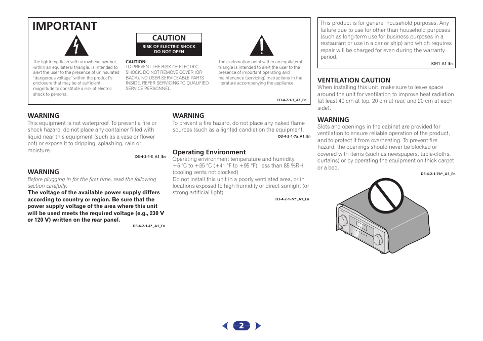 Important, Caution | Pioneer VSX-422-S User Manual | Page 2 / 36