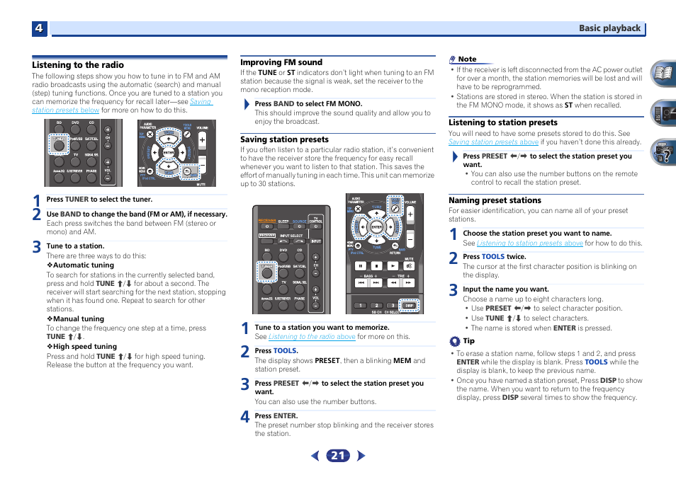 Listening to the radio, Improving fm sound, Saving station presets | Listening to station presets, Naming preset stations | Pioneer VSX-422-S User Manual | Page 21 / 36