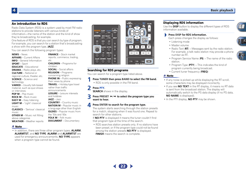 An introduction to rds, Searching for rds programs, Displaying rds information | Pioneer VSX-422-S User Manual | Page 22 / 36