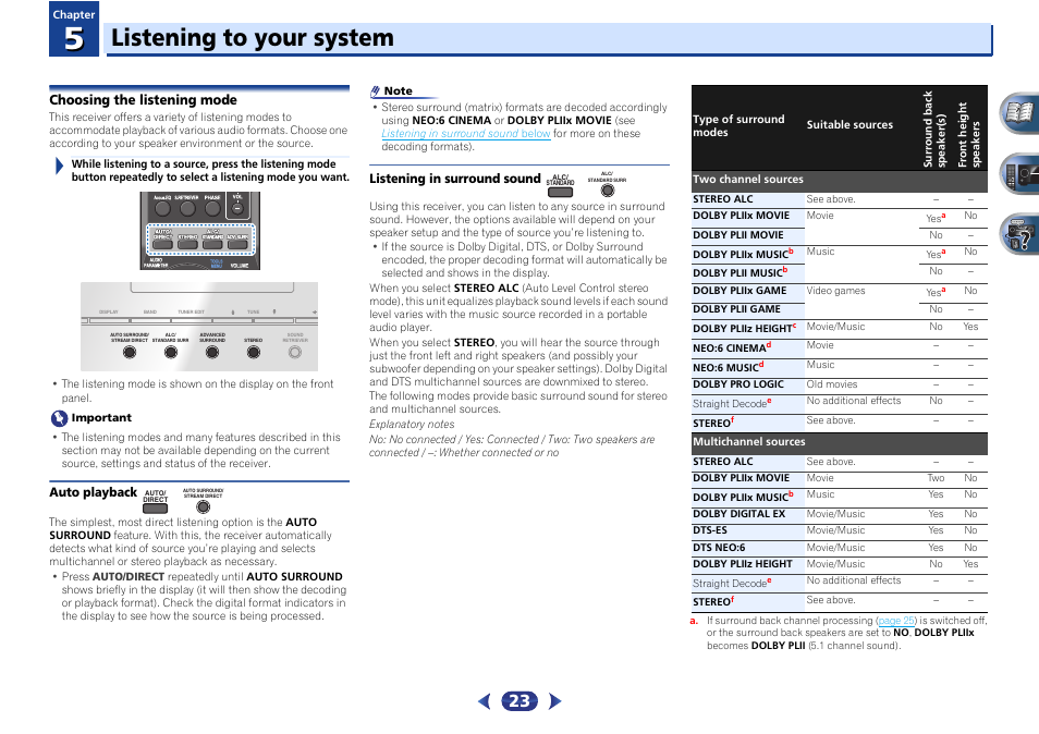 Choosing the listening mode, Auto playback, Listening in surround sound | Listening to your system | Pioneer VSX-422-S User Manual | Page 23 / 36