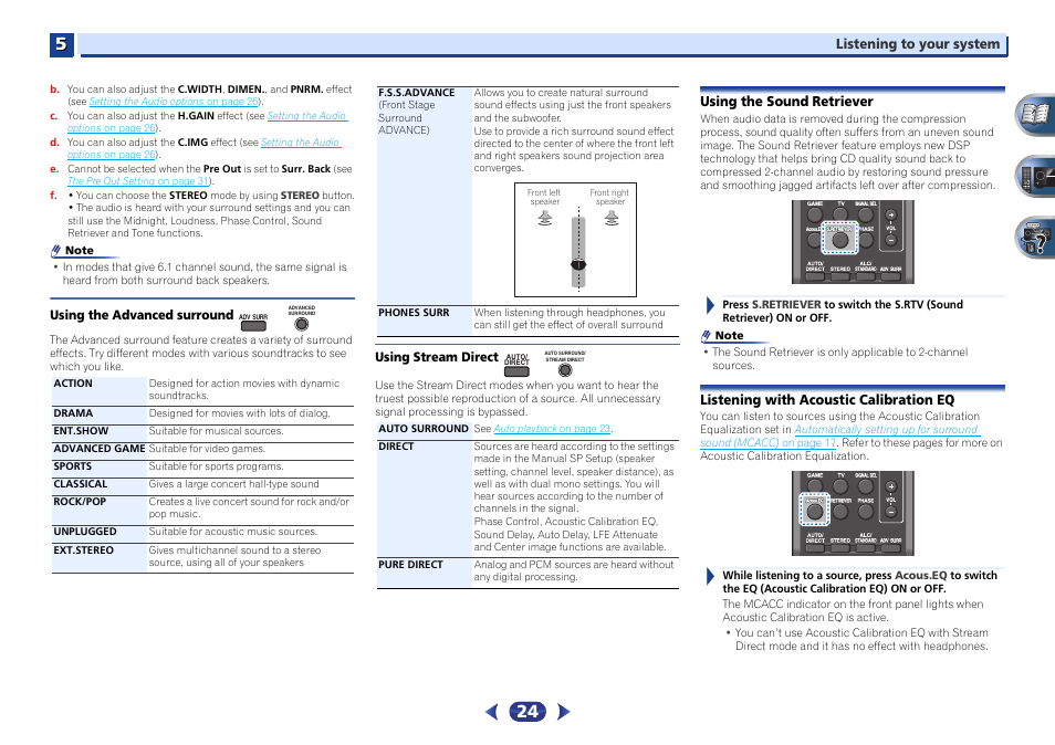 Using the advanced surround, Using stream direct, Using the sound retriever | Listening with acoustic calibration eq | Pioneer VSX-422-S User Manual | Page 24 / 36