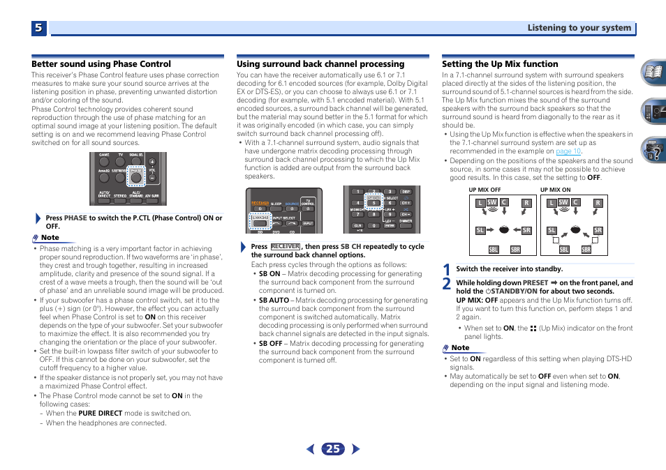 Better sound using phase control, Using surround back channel processing, Setting the up mix function | Pioneer VSX-422-S User Manual | Page 25 / 36