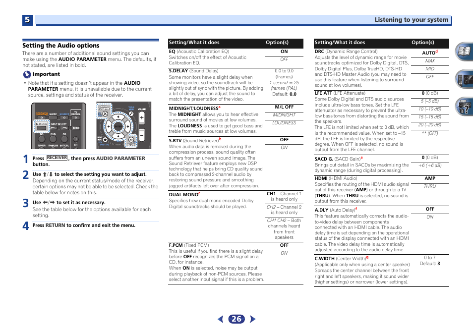 Setting the audio options | Pioneer VSX-422-S User Manual | Page 26 / 36