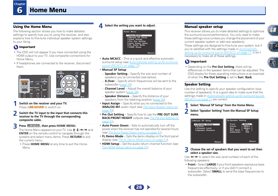 Using the home menu, Manual speaker setup, Speaker setting | Home menu | Pioneer VSX-422-S User Manual | Page 28 / 36