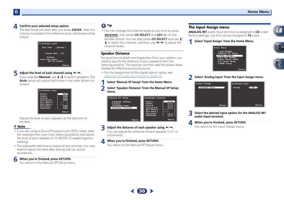Speaker distance, The input assign menu | Pioneer VSX-422-S User Manual | Page 30 / 36