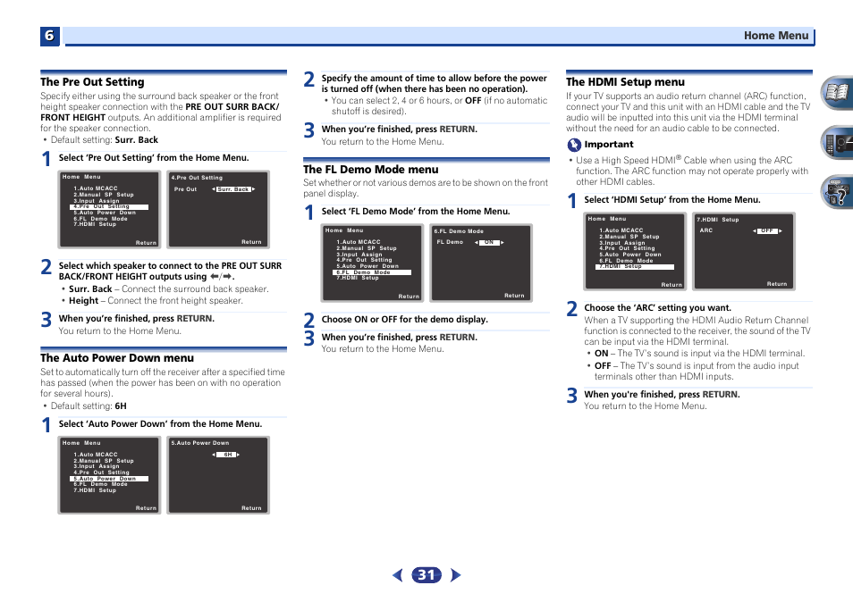 The pre out setting, The auto power down menu, The fl demo mode menu | The hdmi setup menu | Pioneer VSX-422-S User Manual | Page 31 / 36