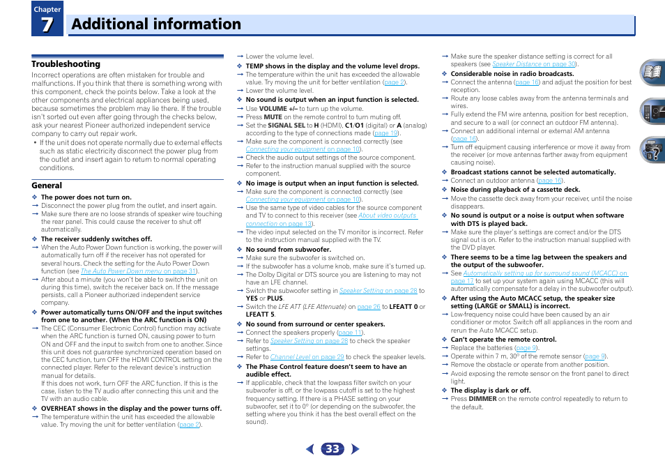 Troubleshooting, General, Additional information | Pioneer VSX-422-S User Manual | Page 33 / 36