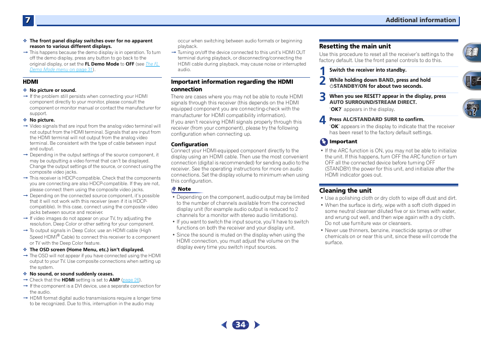 Hdmi, Important information regarding the hdmi, Connection | Resetting the main unit, Cleaning the unit | Pioneer VSX-422-S User Manual | Page 34 / 36