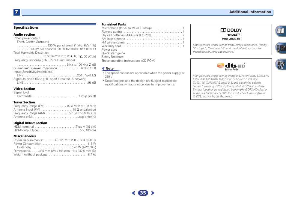 Specifications | Pioneer VSX-422-S User Manual | Page 35 / 36