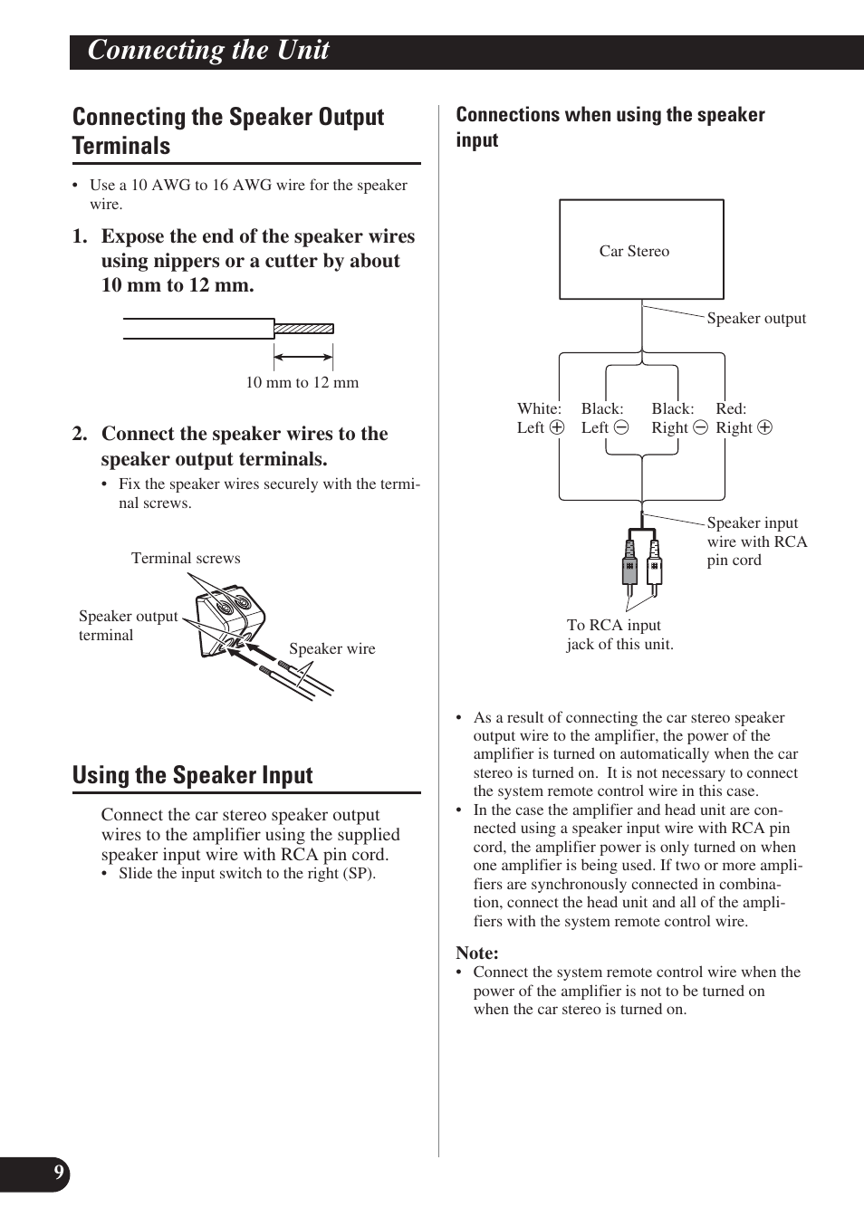 Connecting the unit, Connecting the speaker output terminals, Using the speaker input | Pioneer PRS-D1200M User Manual | Page 10 / 114