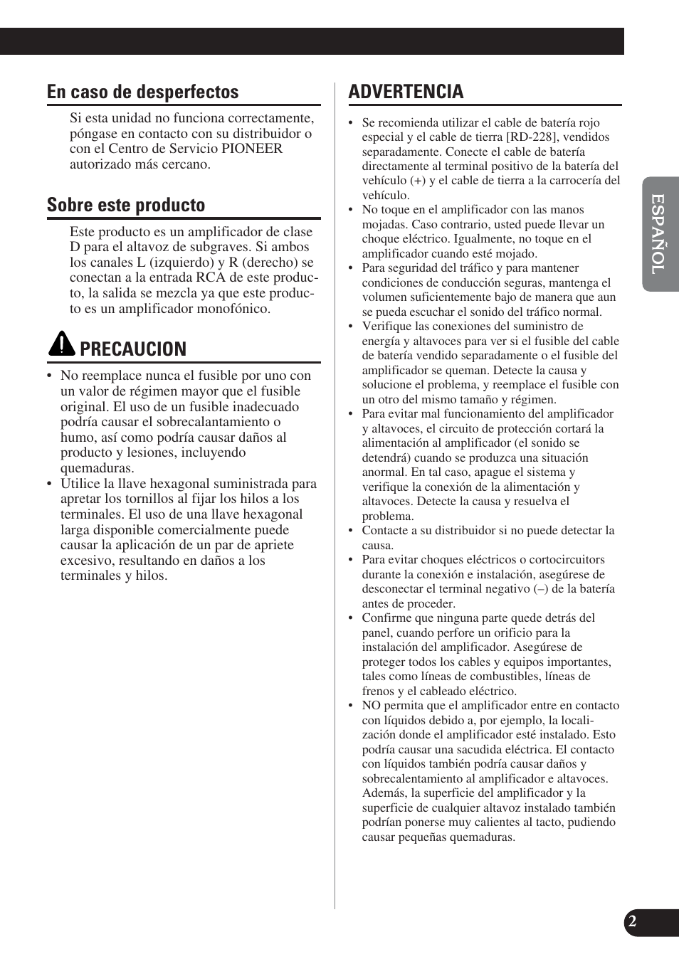 En caso de desperfectos, Sobre este producto, Precaucion | Advertencia | Pioneer PRS-D1200M User Manual | Page 19 / 114