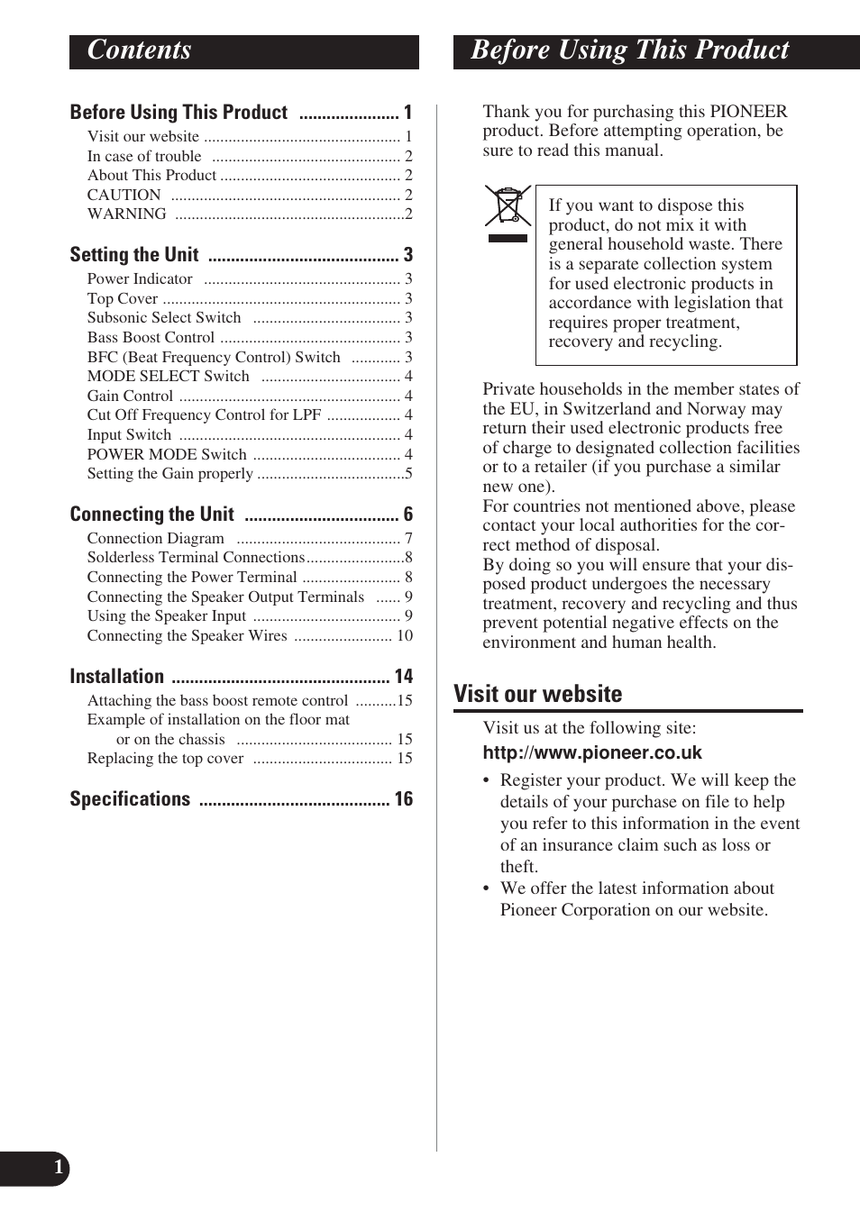 English, Contents before using this product, Visit our website | Pioneer PRS-D1200M User Manual | Page 2 / 114