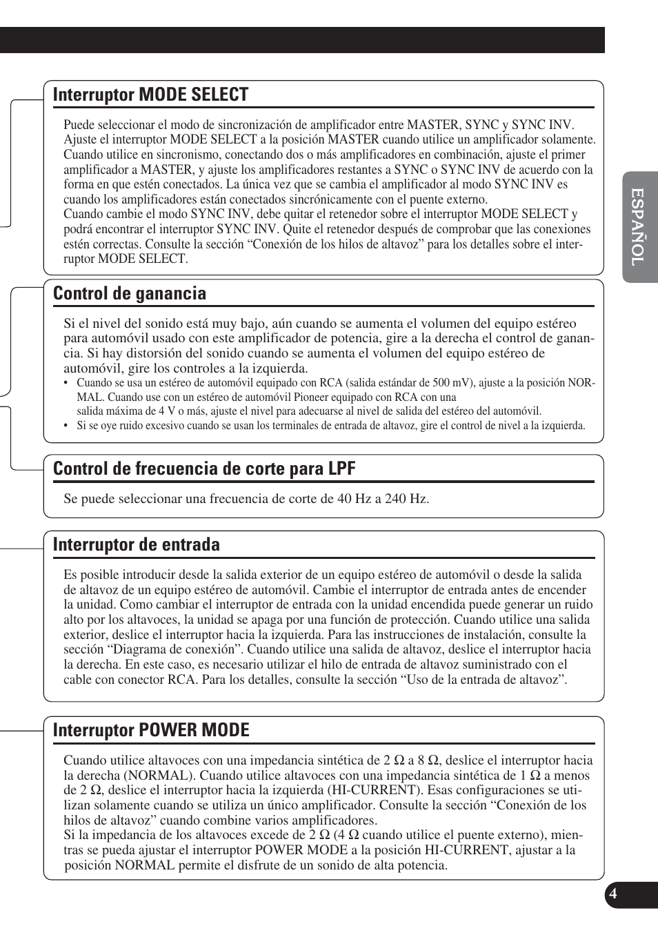 Control de ganancia, Interruptor de entrada, Control de frecuencia de corte para lpf | Interruptor mode select, Interruptor power mode | Pioneer PRS-D1200M User Manual | Page 21 / 114