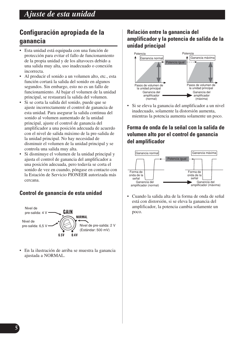 Configuración apropiada de la ganancia, Ajuste de esta unidad, Control de ganancia de esta unidad | Pioneer PRS-D1200M User Manual | Page 22 / 114