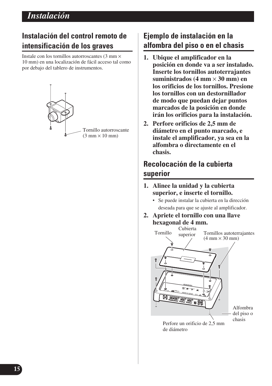 Instalación del control remoto de, Intensificación de los graves, Ejemplo de instalación en la alfombra | Del piso o en el chasis, Recolocación de la cubierta superior, Instalación | Pioneer PRS-D1200M User Manual | Page 32 / 114