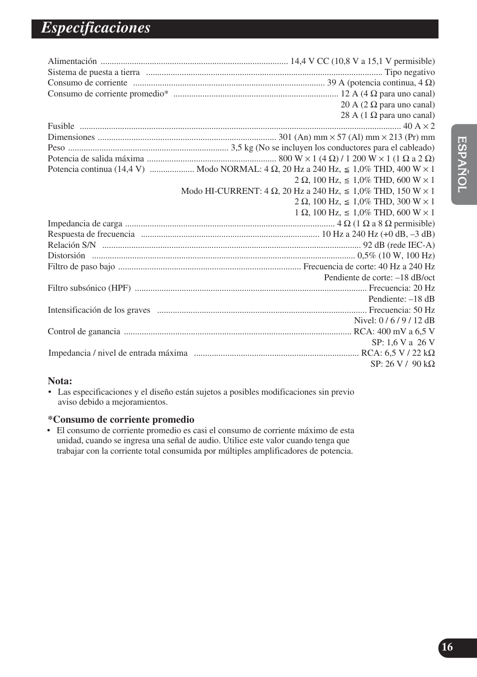 Especificaciones | Pioneer PRS-D1200M User Manual | Page 33 / 114