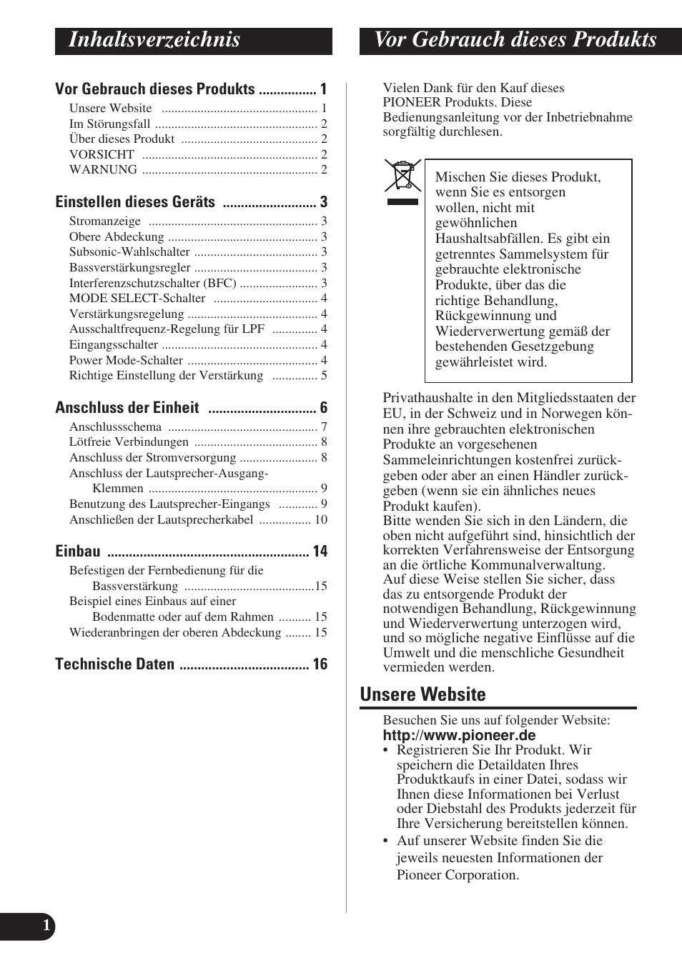 Deutsch, Inhaltsverzeichnis vor gebrauch dieses produkts, Unsere website | Pioneer PRS-D1200M User Manual | Page 34 / 114