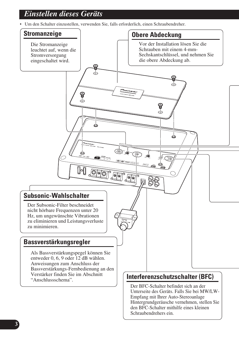 Einstellen dieses geräts, Stromanzeige, Interferenzschutzschalter (bfc) | Obere abdeckung, Bassverstärkungsregler, Subsonic-wahlschalter | Pioneer PRS-D1200M User Manual | Page 36 / 114