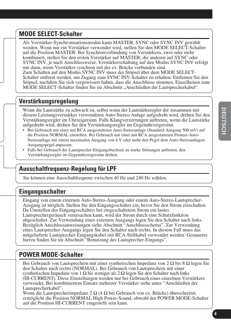 Verstärkungsregelung, Eingangsschalter, Ausschaltfrequenz-regelung für lpf | Mode select-schalter, Power mode-schalter | Pioneer PRS-D1200M User Manual | Page 37 / 114