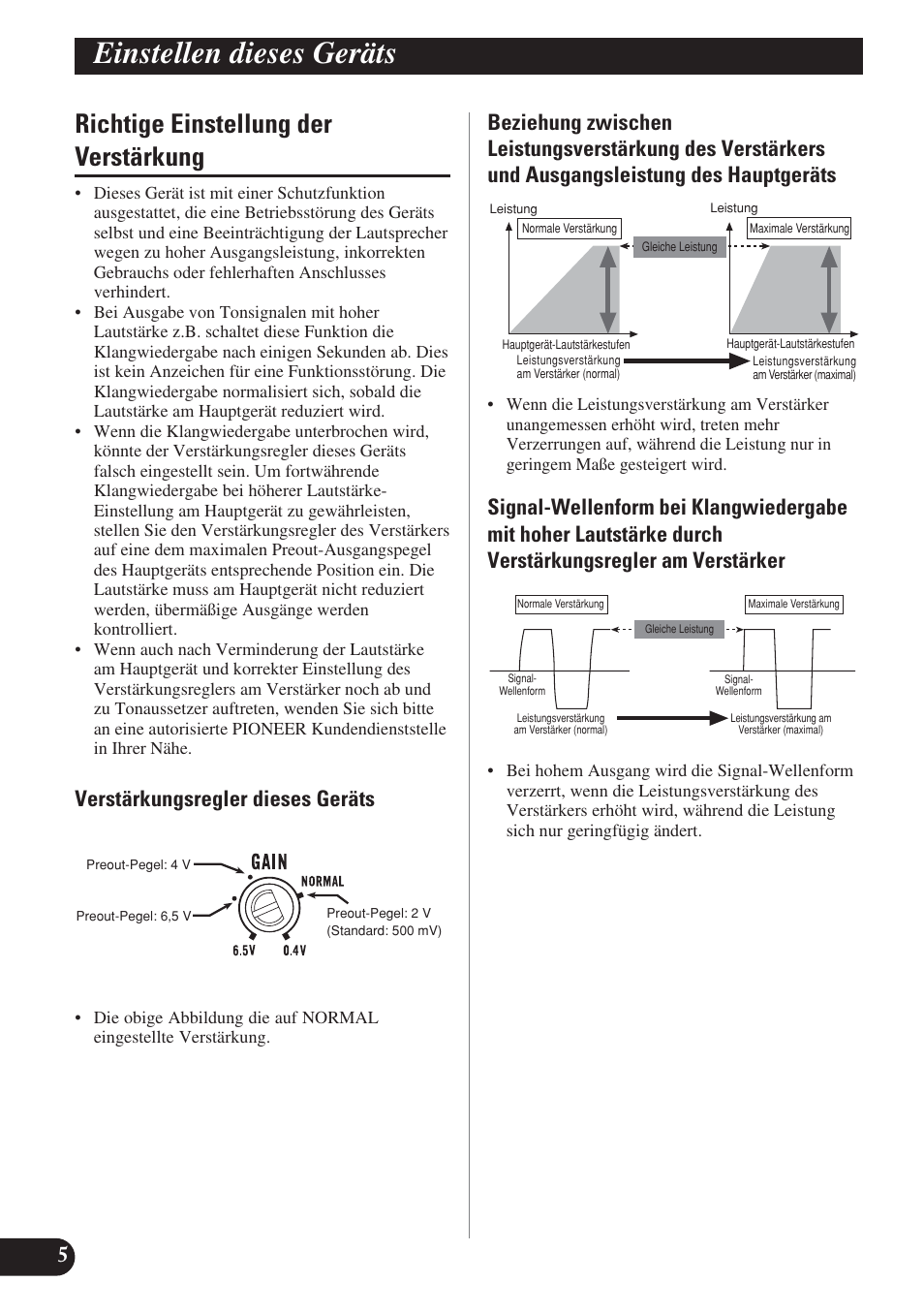 Richtige einstellung der verstärkung, Einstellen dieses geräts, Verstärkungsregler dieses geräts | Pioneer PRS-D1200M User Manual | Page 38 / 114