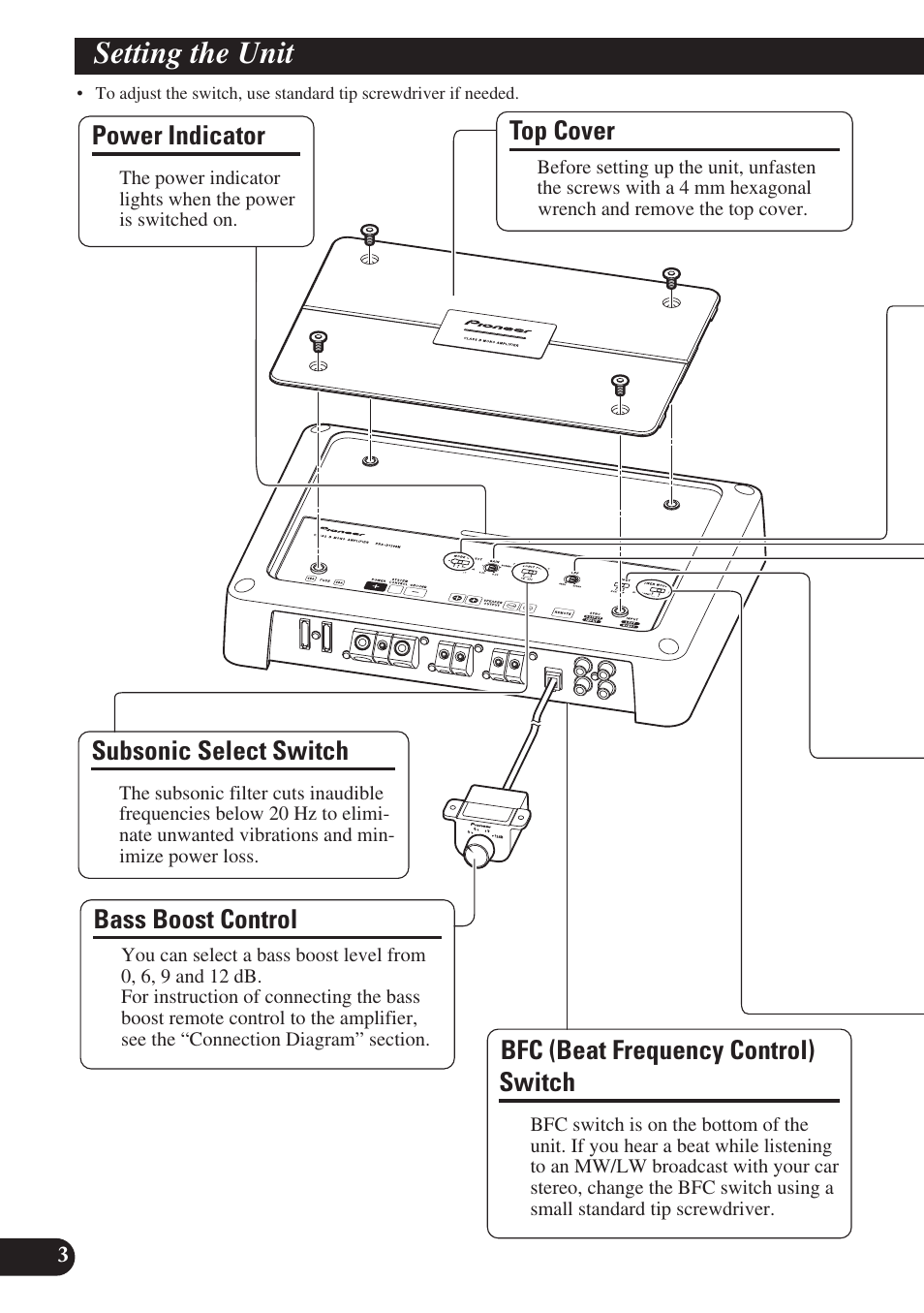 Setting the unit, Power indicator, Top cover | Bass boost control, Bfc (beat frequency control) switch, Subsonic select switch | Pioneer PRS-D1200M User Manual | Page 4 / 114