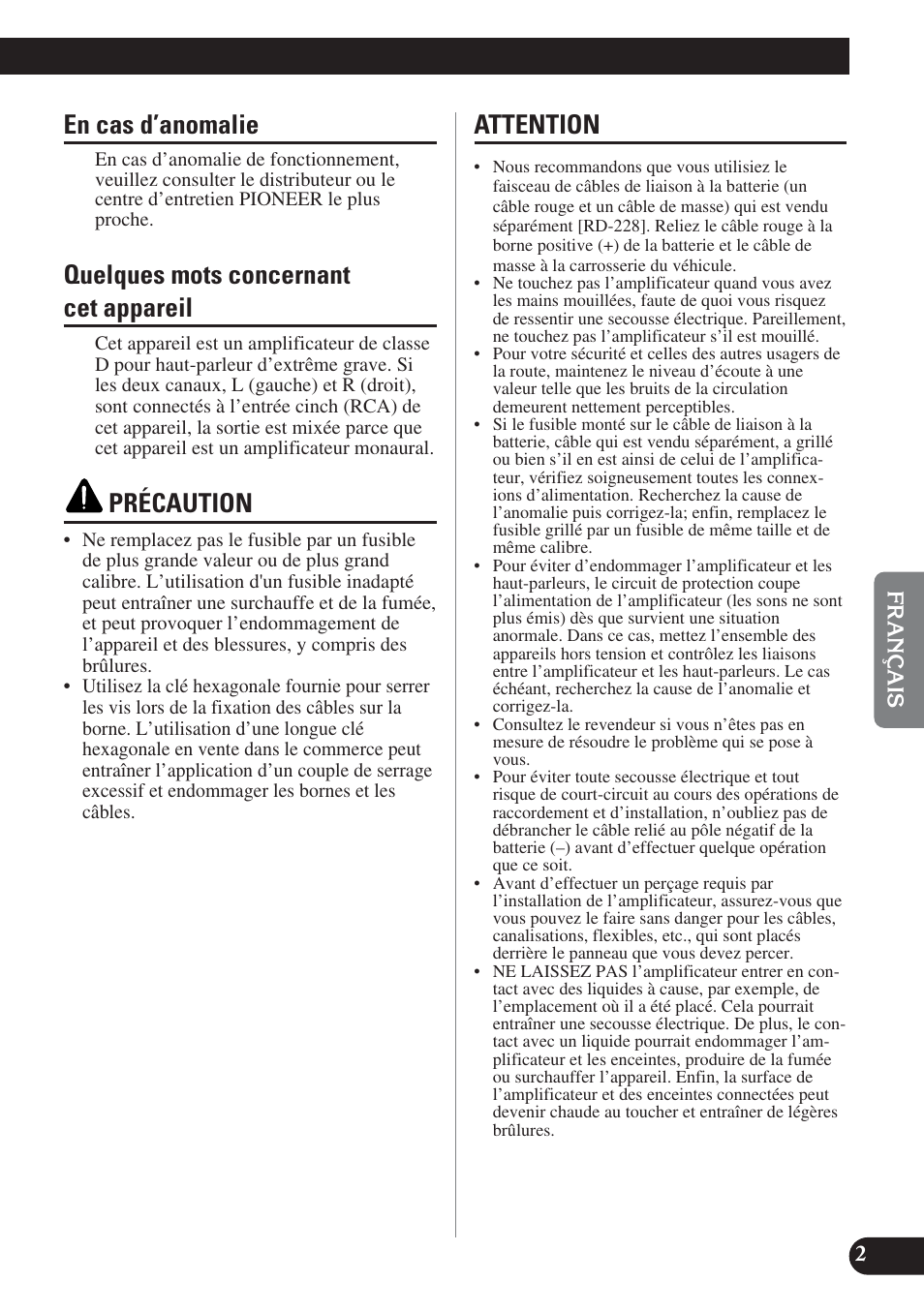 En cas d’anomalie quelques mots concernant, Cet appareil, Précaution attention | En cas d’anomalie, Quelques mots concernant cet appareil, Précaution, Attention | Pioneer PRS-D1200M User Manual | Page 51 / 114