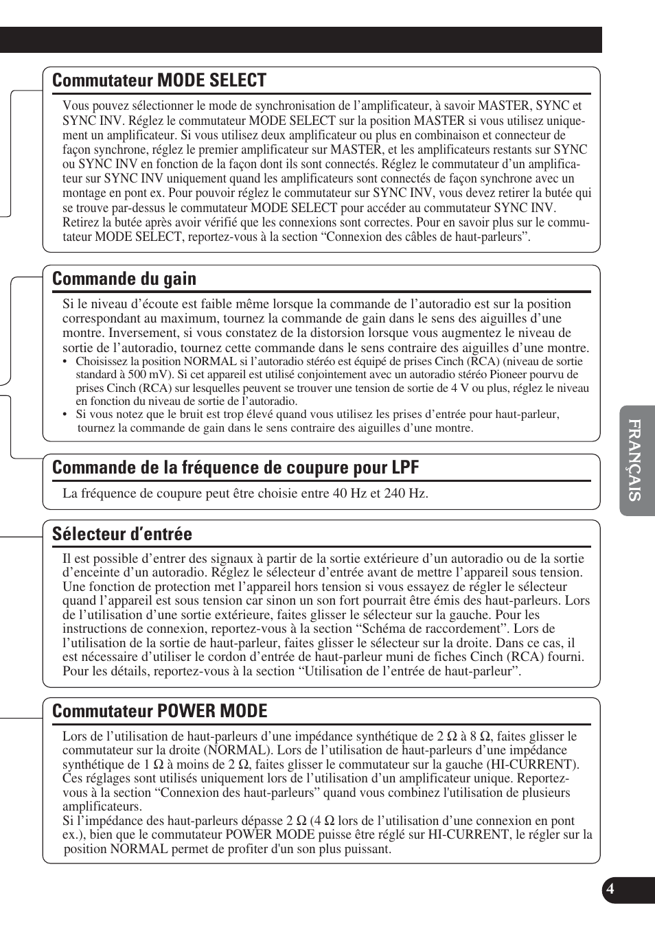 Coupure pour lpf, Sélecteur d’entrée commutateur power mode, Commande du gain | Sélecteur d’entrée, Commande de la fréquence de coupure pour lpf, Commutateur mode select, Commutateur power mode | Pioneer PRS-D1200M User Manual | Page 53 / 114