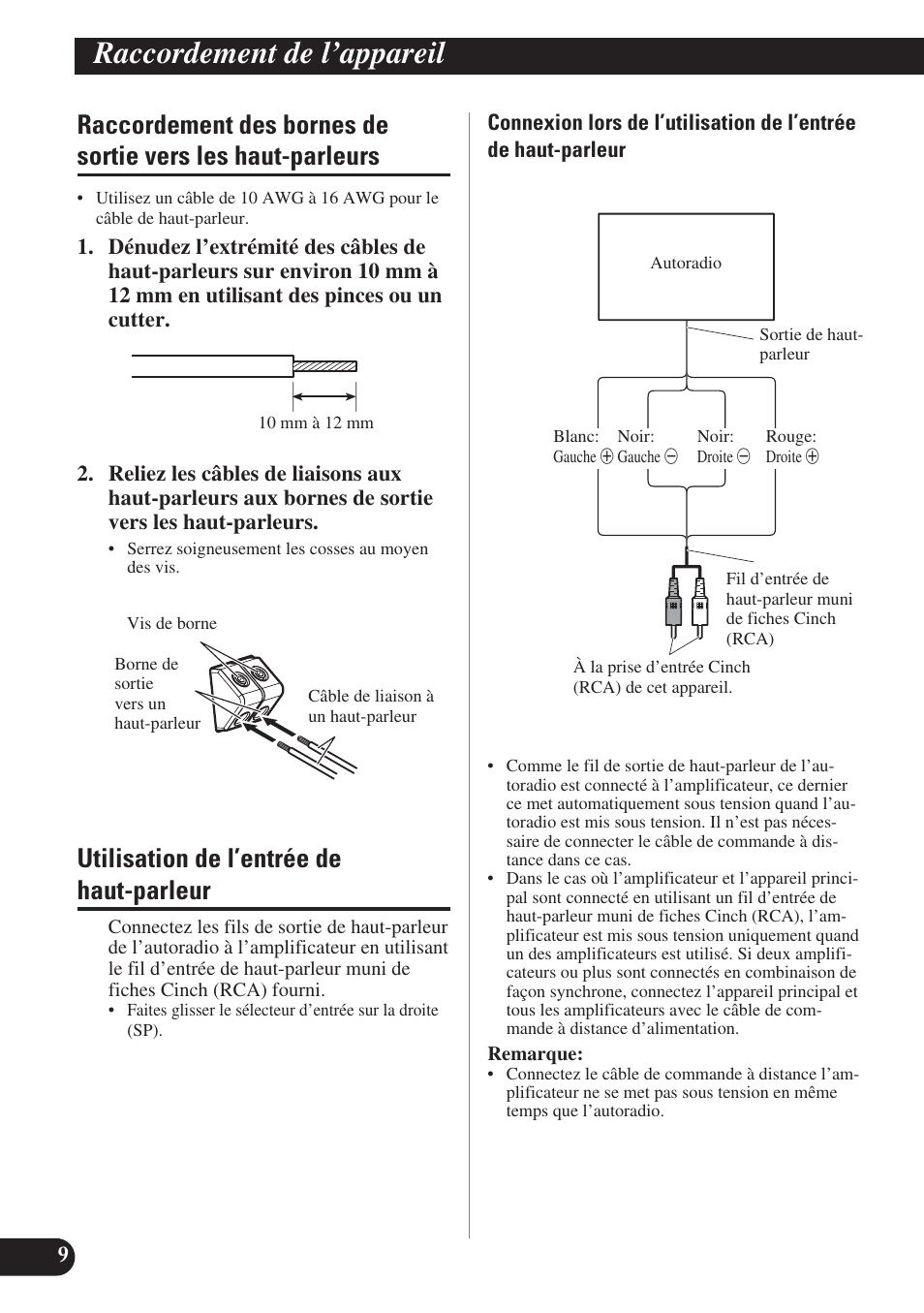 Raccordement des bornes de sortie vers, Les haut-parleurs, Utilisation de l’entrée de haut-parleur | Raccordement de l’appareil | Pioneer PRS-D1200M User Manual | Page 58 / 114