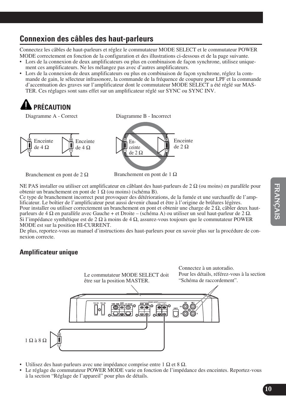 Connexion des câbles des haut-parleurs | Pioneer PRS-D1200M User Manual | Page 59 / 114