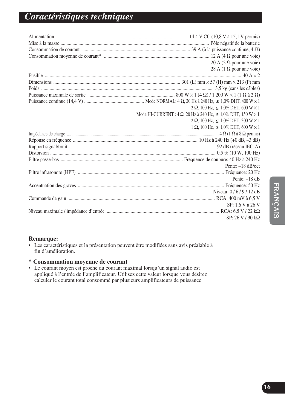 Caractéristiques techniques | Pioneer PRS-D1200M User Manual | Page 65 / 114