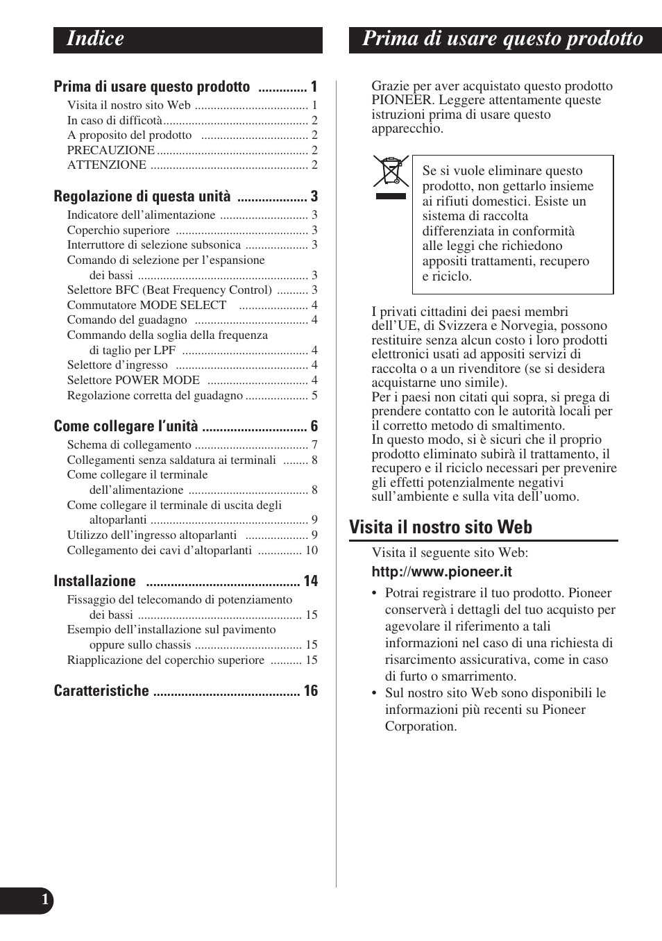 Italiano, Indice prima di usare questo prodotto, Visita il nostro sito web | Pioneer PRS-D1200M User Manual | Page 66 / 114