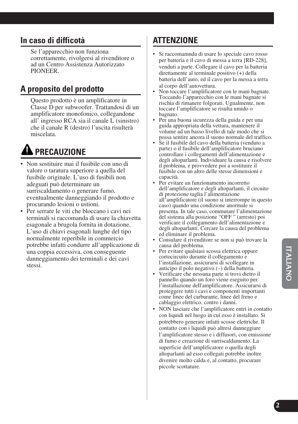 A proposito del prodotto, Precauzione, Attenzione | Pioneer PRS-D1200M User Manual | Page 67 / 114