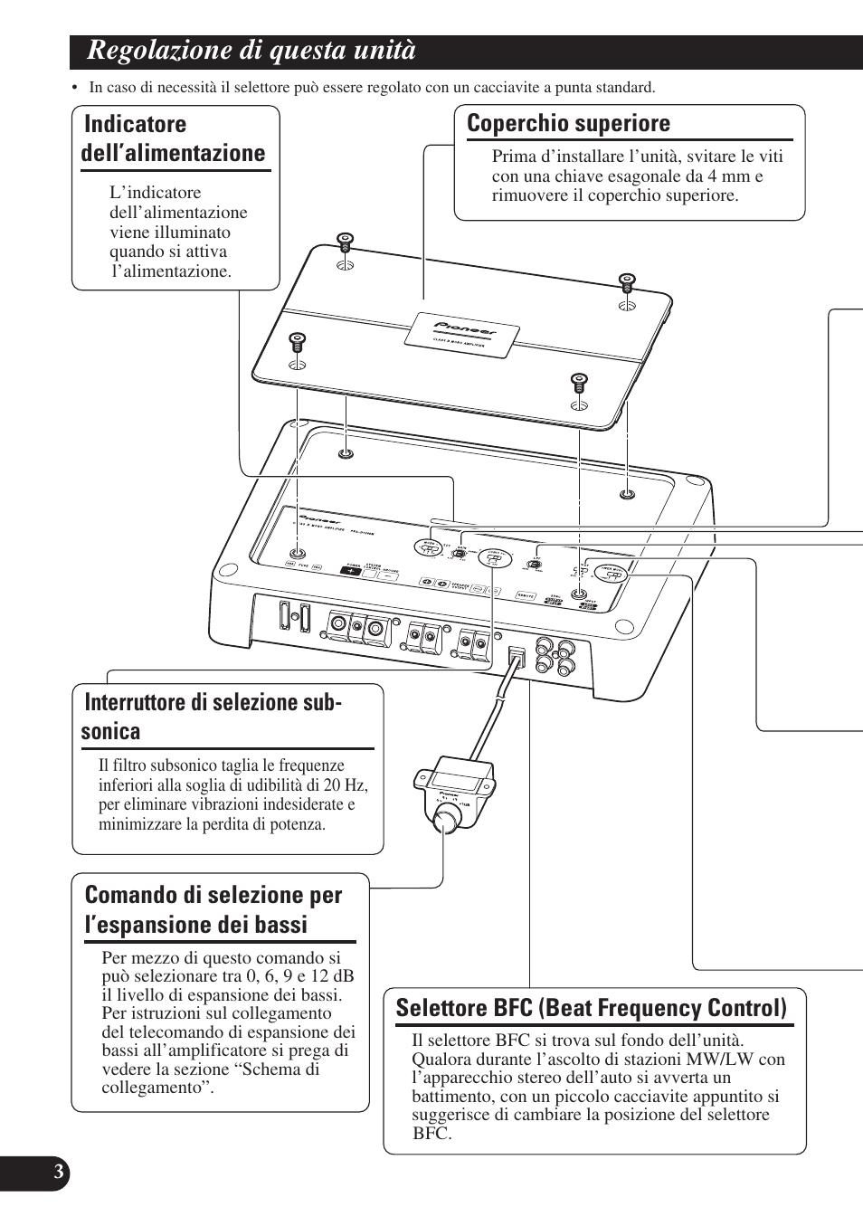 Regolazione di questa unità, Dei bassi, Selettore bfc (beat frequency control) | Indicatore dell’alimentazione, Coperchio superiore, Comando di selezione per l’espansione dei bassi, Interruttore di selezione sub- sonica | Pioneer PRS-D1200M User Manual | Page 68 / 114
