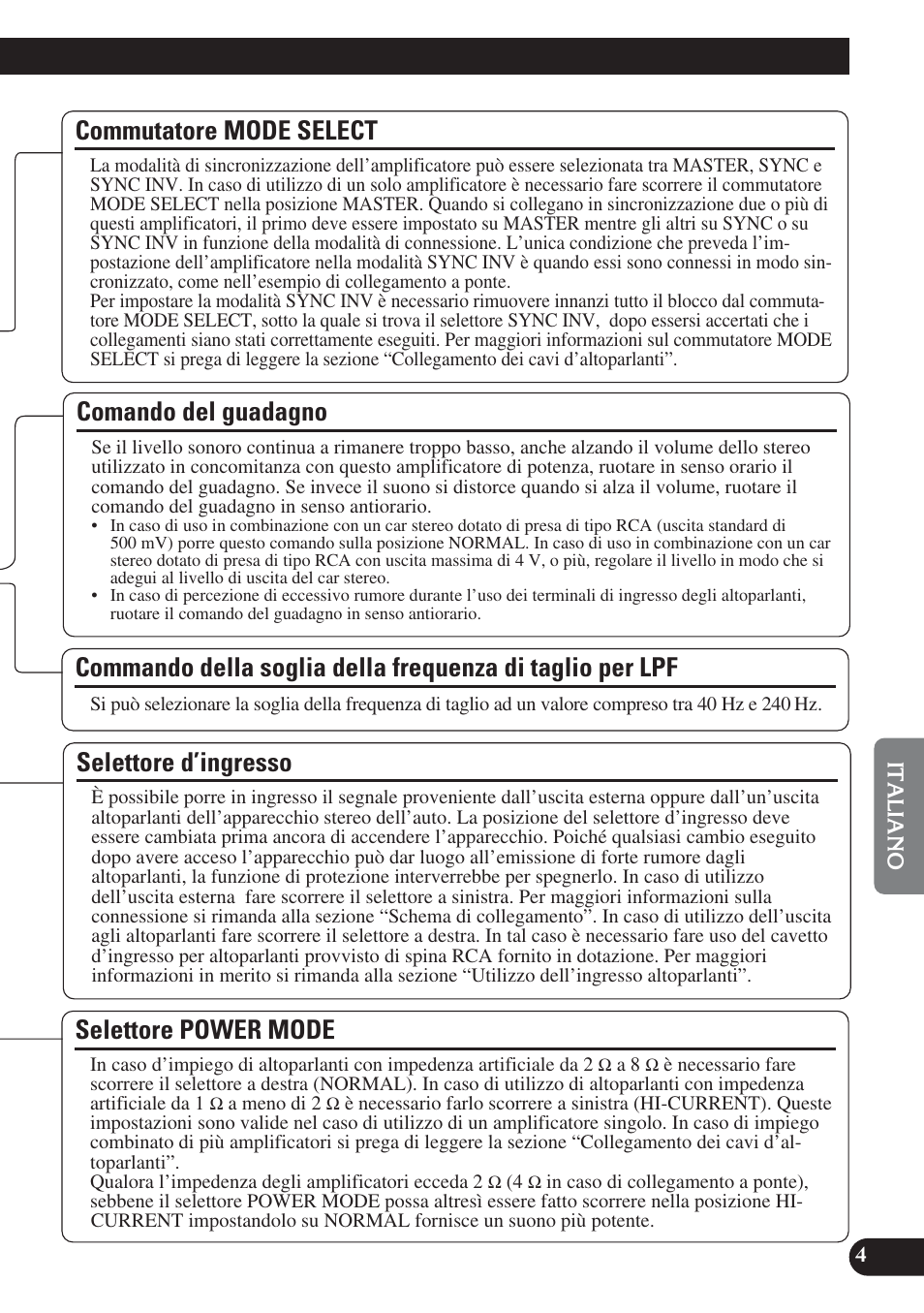 Di taglio per lpf, Selettore d’ingresso selettore power mode, Comando del guadagno | Selettore d’ingresso, Commutatore mode select, Selettore power mode | Pioneer PRS-D1200M User Manual | Page 69 / 114
