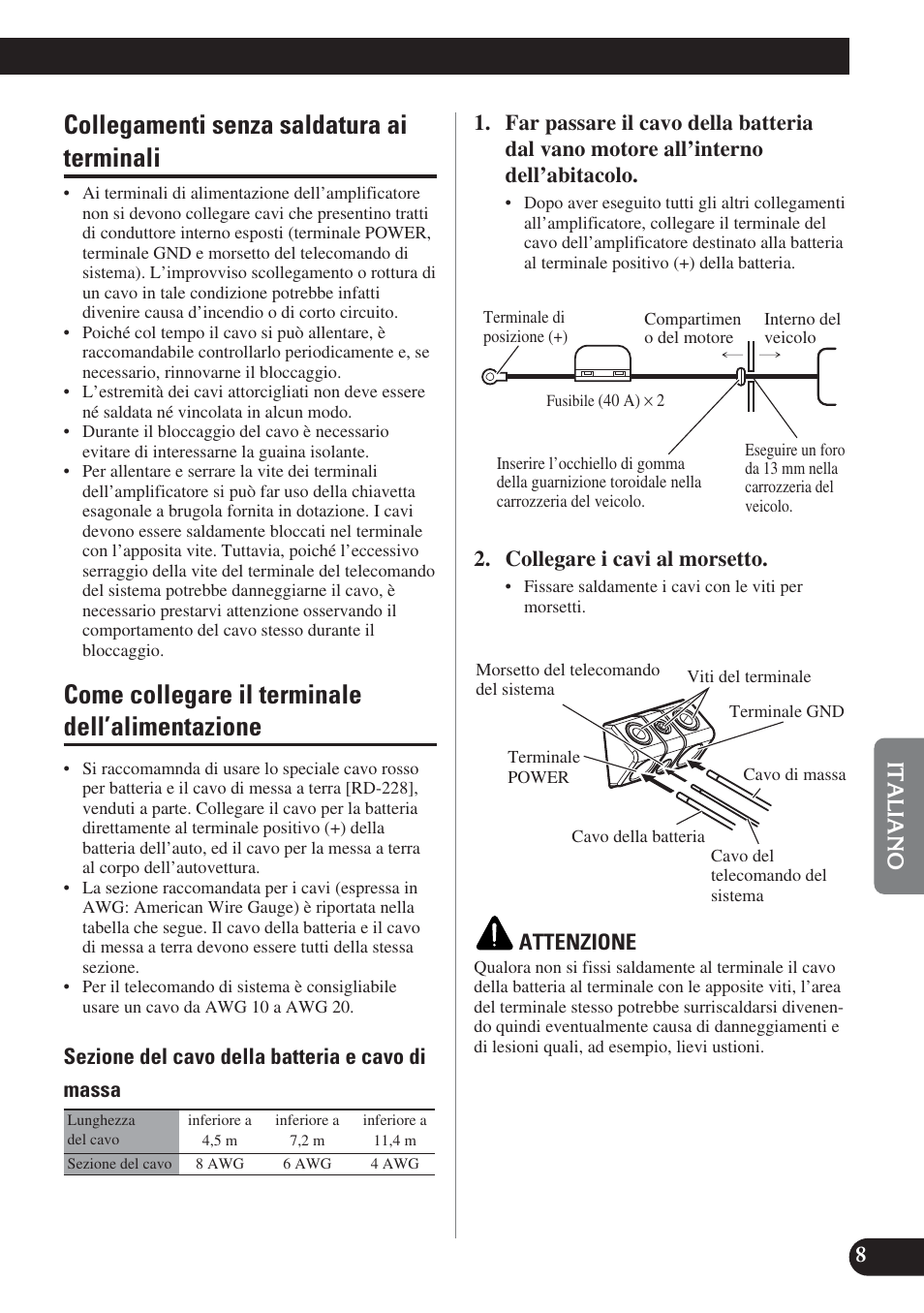 Dell’alimentazione, Collegamenti senza saldatura ai terminali, Come collegare il terminale dell’alimentazione | Pioneer PRS-D1200M User Manual | Page 73 / 114
