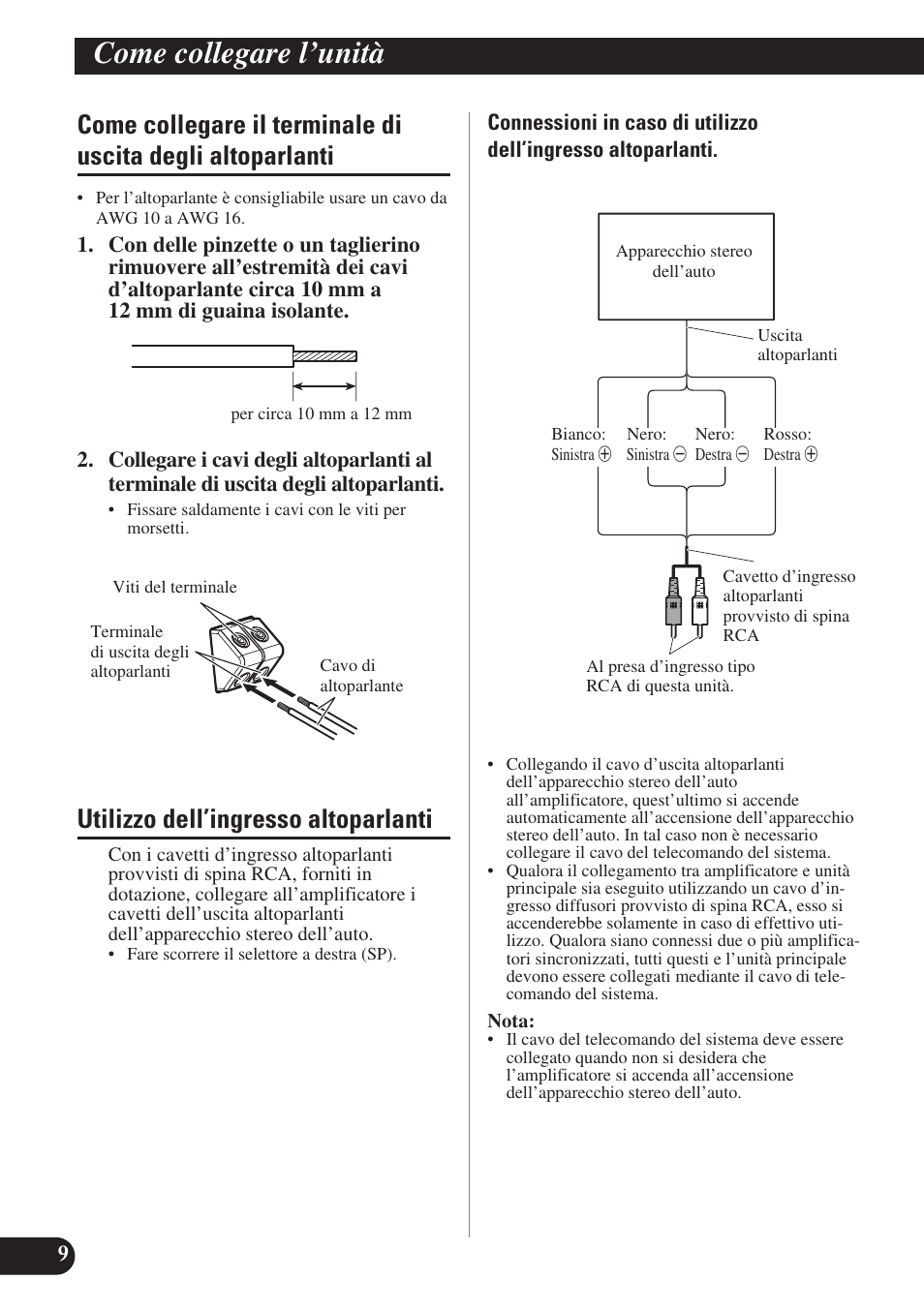 Come collegare il terminale di uscita degli, Altoparlanti, Utilizzo dell’ingresso altoparlanti | Come collegare l’unità | Pioneer PRS-D1200M User Manual | Page 74 / 114