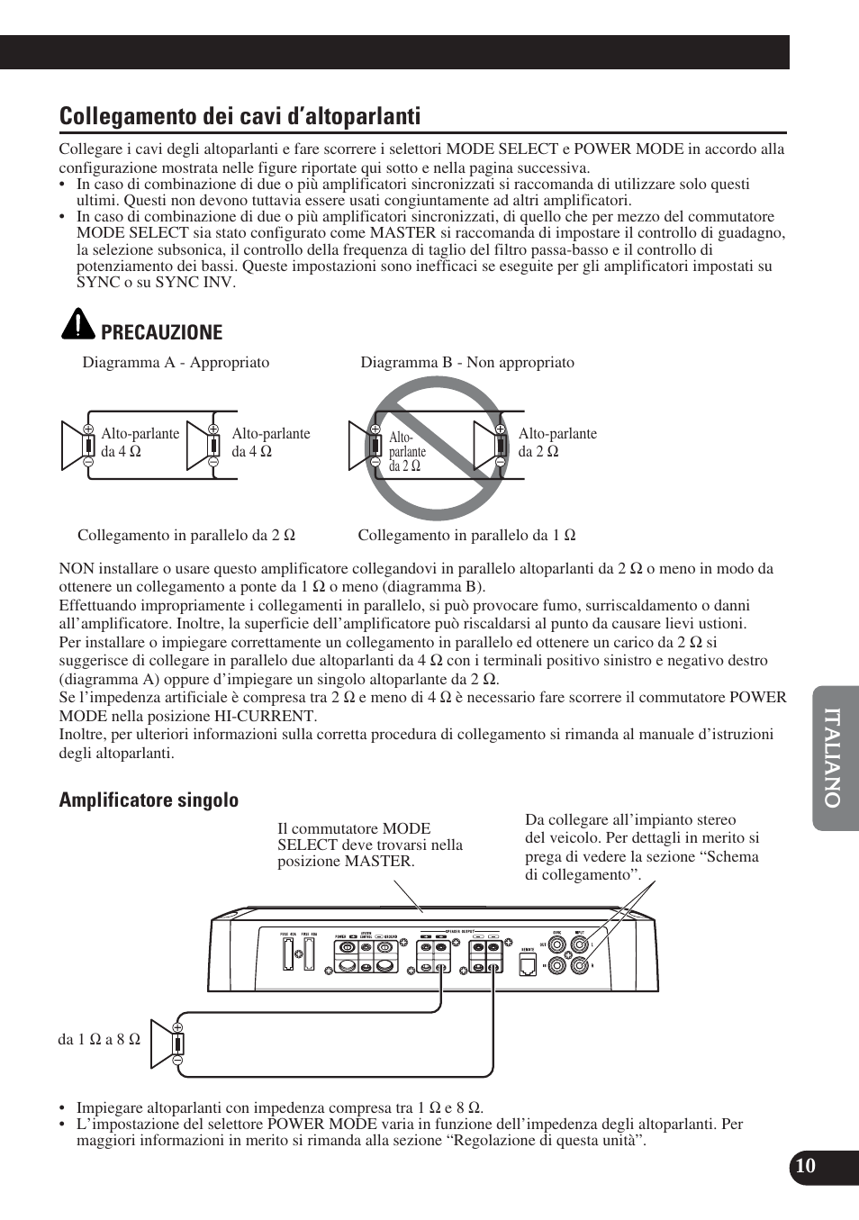 Collegamento dei cavi d’altoparlanti | Pioneer PRS-D1200M User Manual | Page 75 / 114