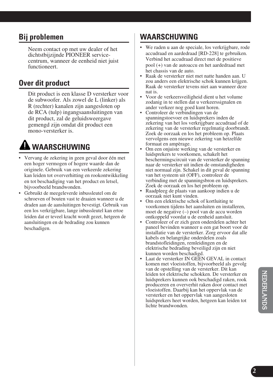 Bij problemen, Over dit product, Waarschuwing | Pioneer PRS-D1200M User Manual | Page 83 / 114