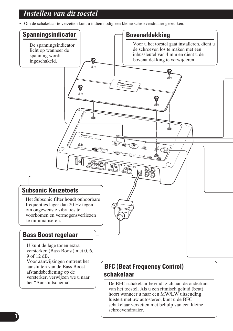Instellen van dit toestel, Spanningsindicator, Bovenafdekking | Bass boost regelaar, Bfc (beat frequency control) schakelaar, Subsonic keuzetoets | Pioneer PRS-D1200M User Manual | Page 84 / 114
