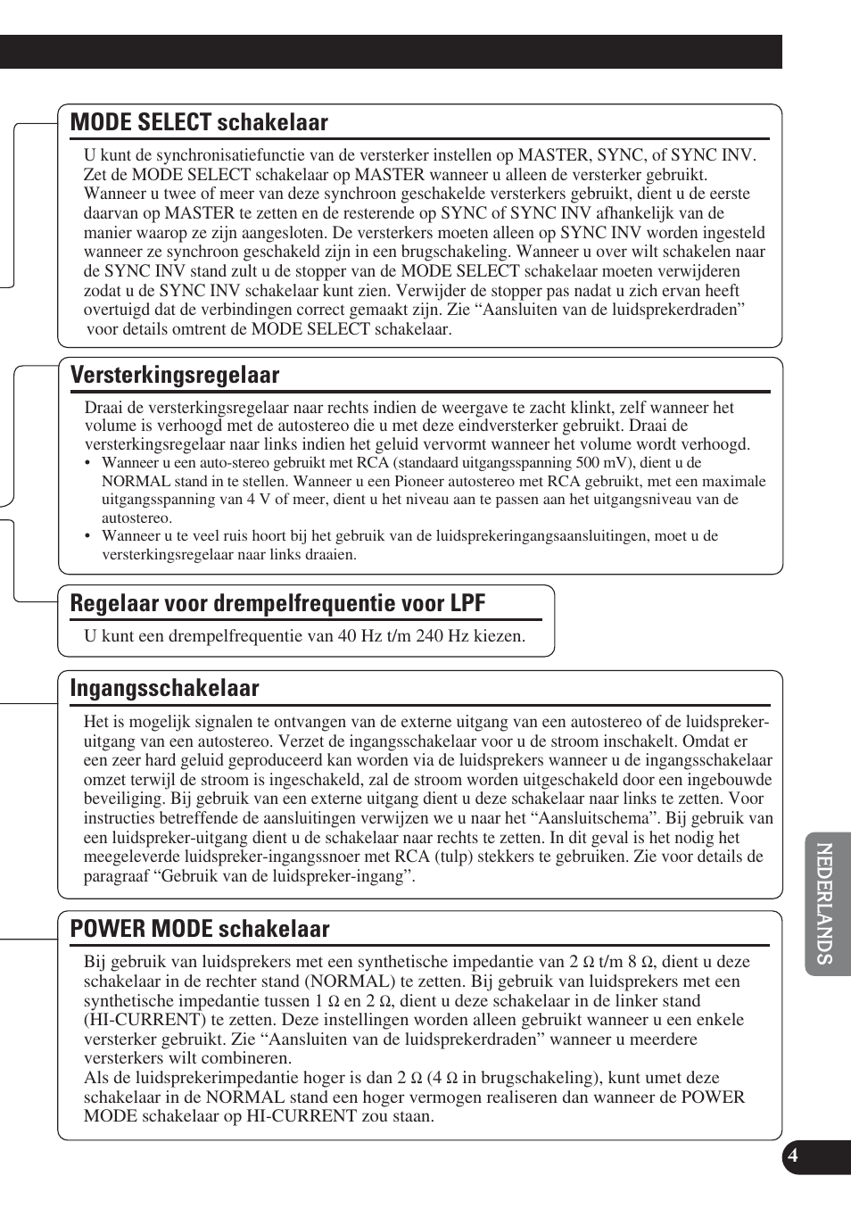 Versterkingsregelaar, Ingangsschakelaar, Power mode schakelaar | Regelaar voor drempelfrequentie voor lpf, Mode select schakelaar | Pioneer PRS-D1200M User Manual | Page 85 / 114