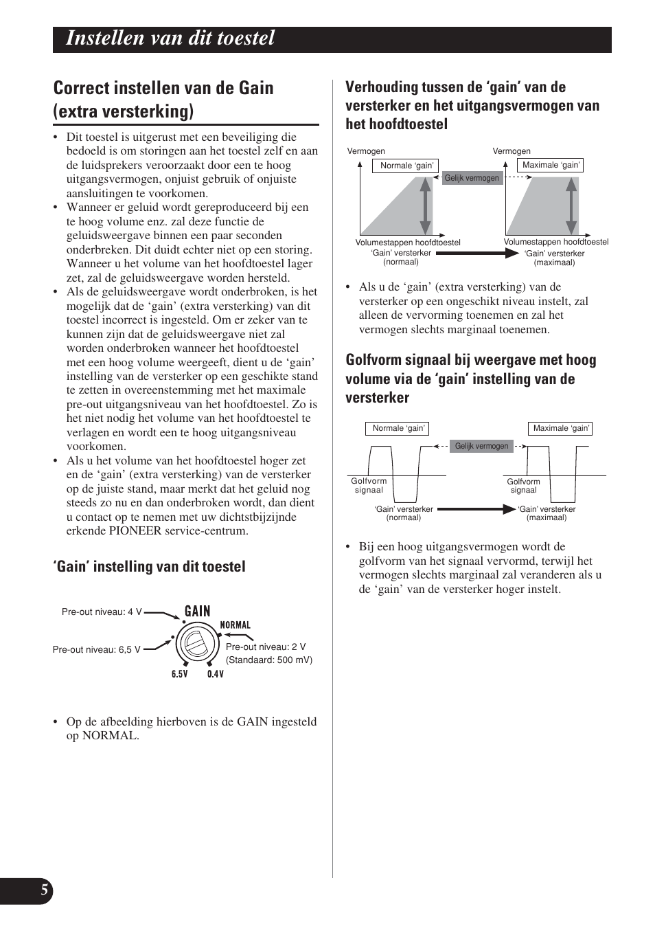 Correct instellen van de gain, Extra versterking), Instellen van dit toestel | Correct instellen van de gain (extra versterking), Gain’ instelling van dit toestel | Pioneer PRS-D1200M User Manual | Page 86 / 114