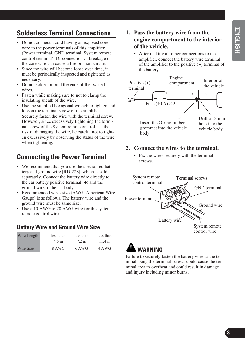 Solderless terminal connections, Connecting the power terminal | Pioneer PRS-D1200M User Manual | Page 9 / 114