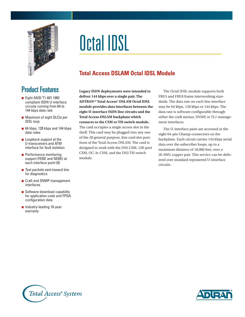 ADTRAN DSLAM Octal IDSL User Manual | 2 pages