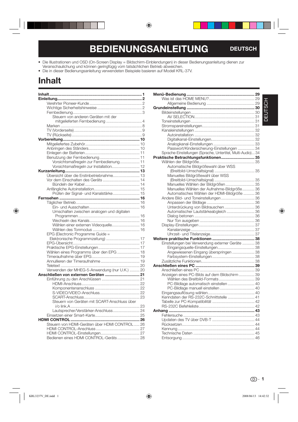 Bedienungsanleitung, Inhalt, Deutsch | Pioneer KRL-32V User Manual | Page 100 / 340