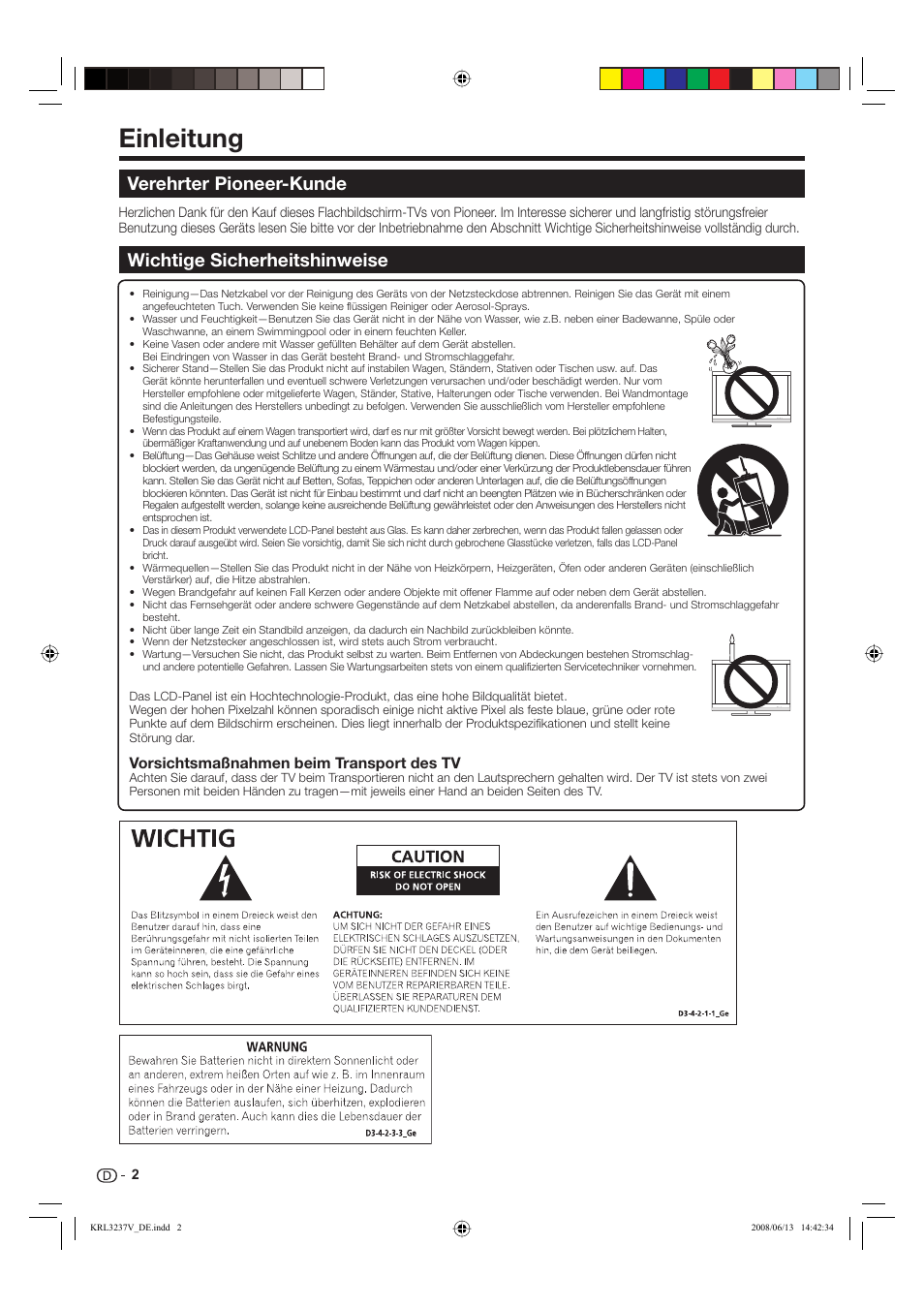 Einleitung, Verehrter pioneer-kunde, Wichtige sicherheitshinweise | Pioneer KRL-32V User Manual | Page 101 / 340