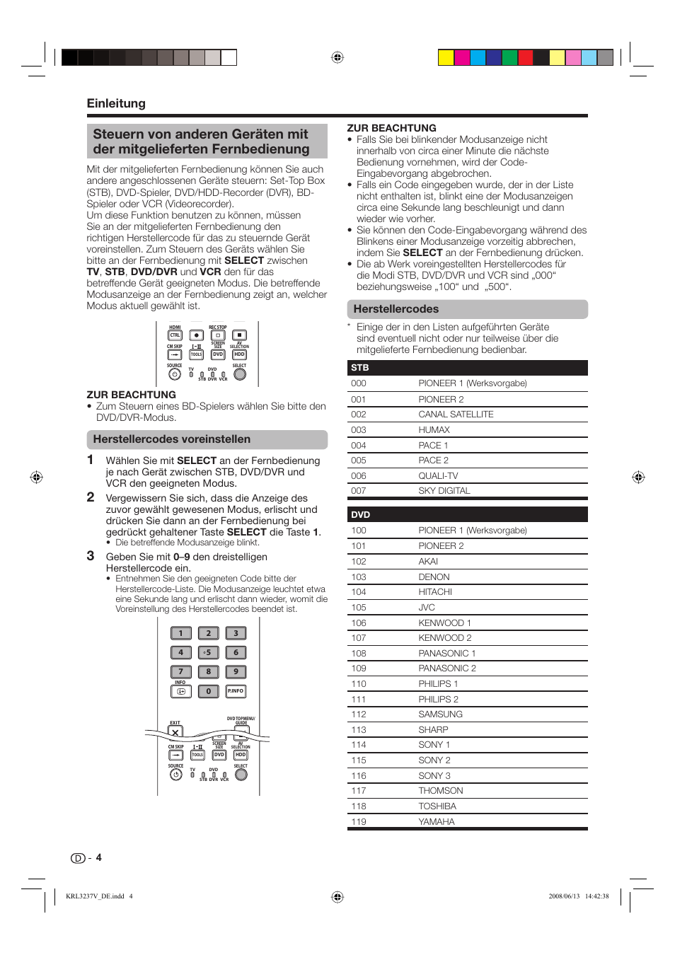 Einleitung, Herstellercodes voreinstellen, Herstellercodes | Pioneer KRL-32V User Manual | Page 103 / 340