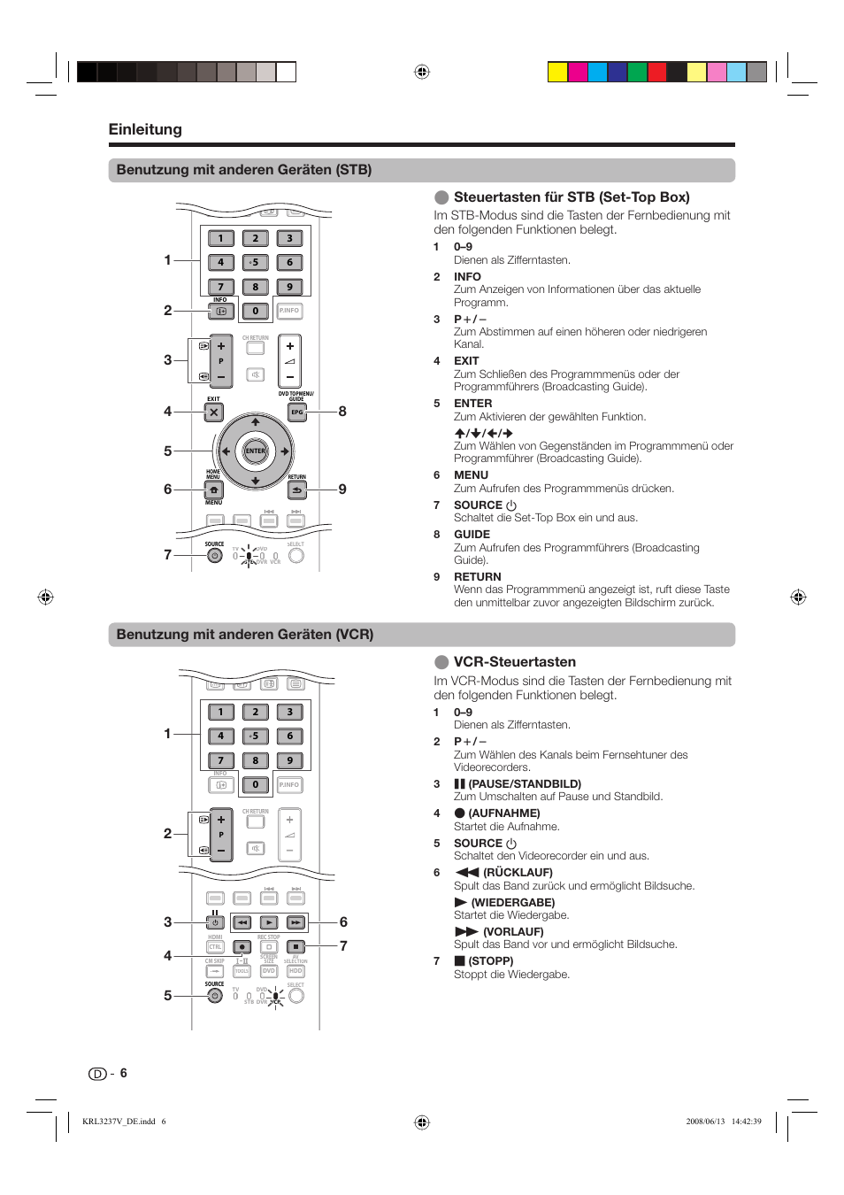 Einleitung, Benutzung mit anderen geräten (stb), Vcr-steuertasten | Pioneer KRL-32V User Manual | Page 105 / 340