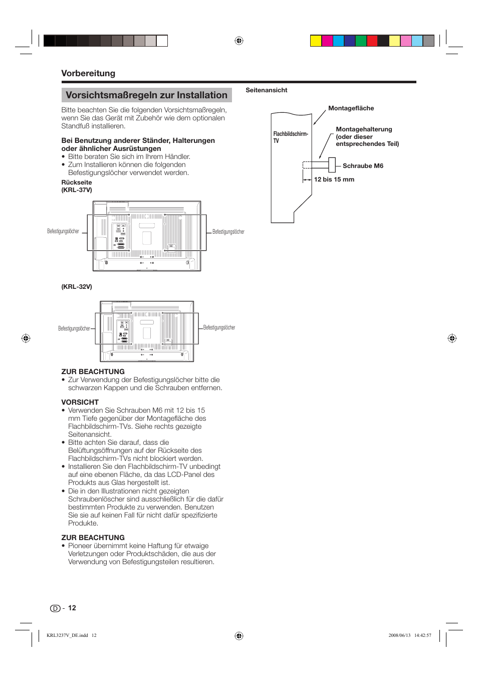 Vorsichtsmaßregeln zur installation, Vorbereitung | Pioneer KRL-32V User Manual | Page 111 / 340